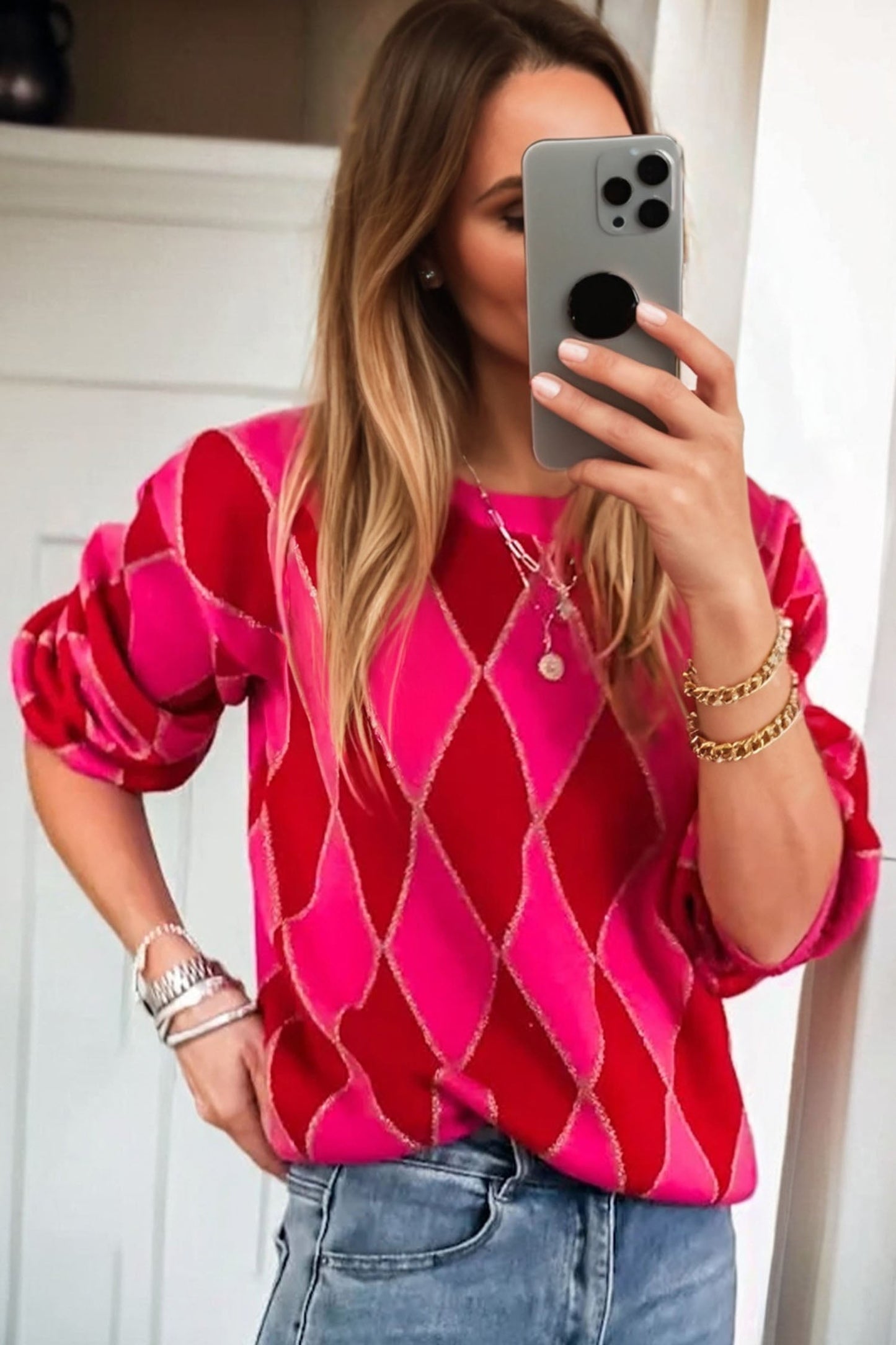 Glitter Rhombus Geometric Knit Crewneck Sweater