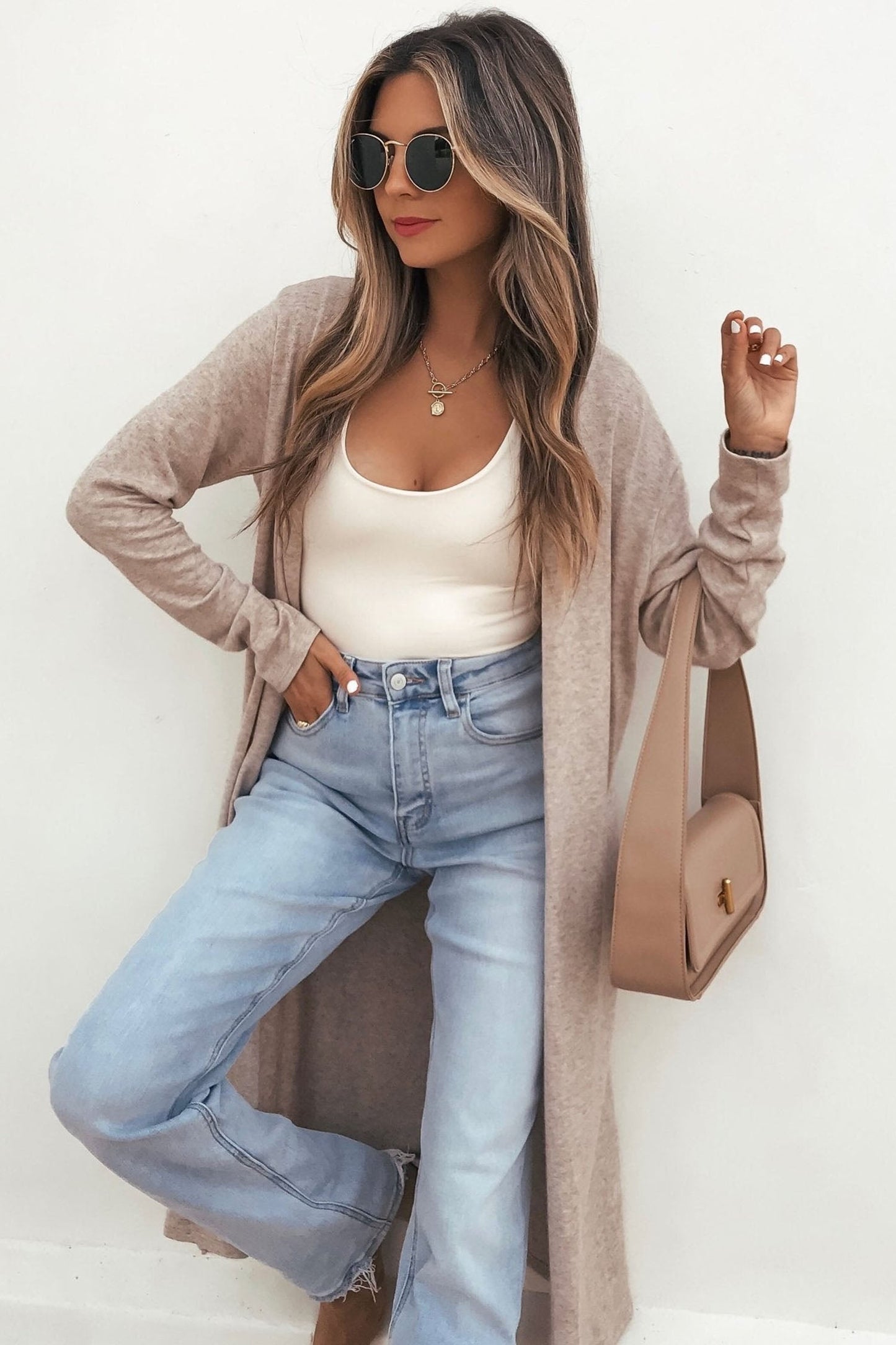 Solid Long Sleeve Open Front Tunic Cardigan
