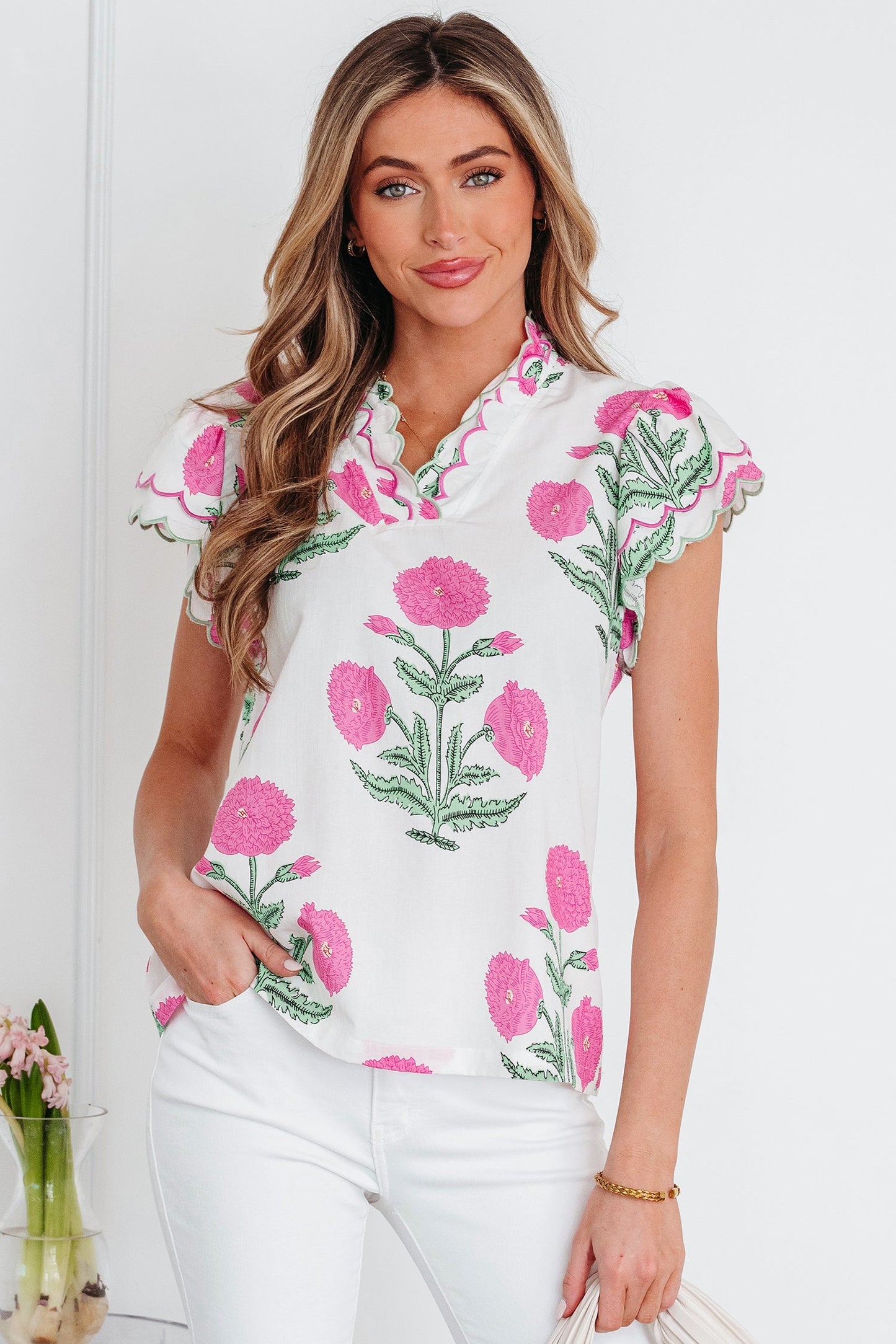 Wild Flower Contrast Trim Scallop Short Sleeve Blouse