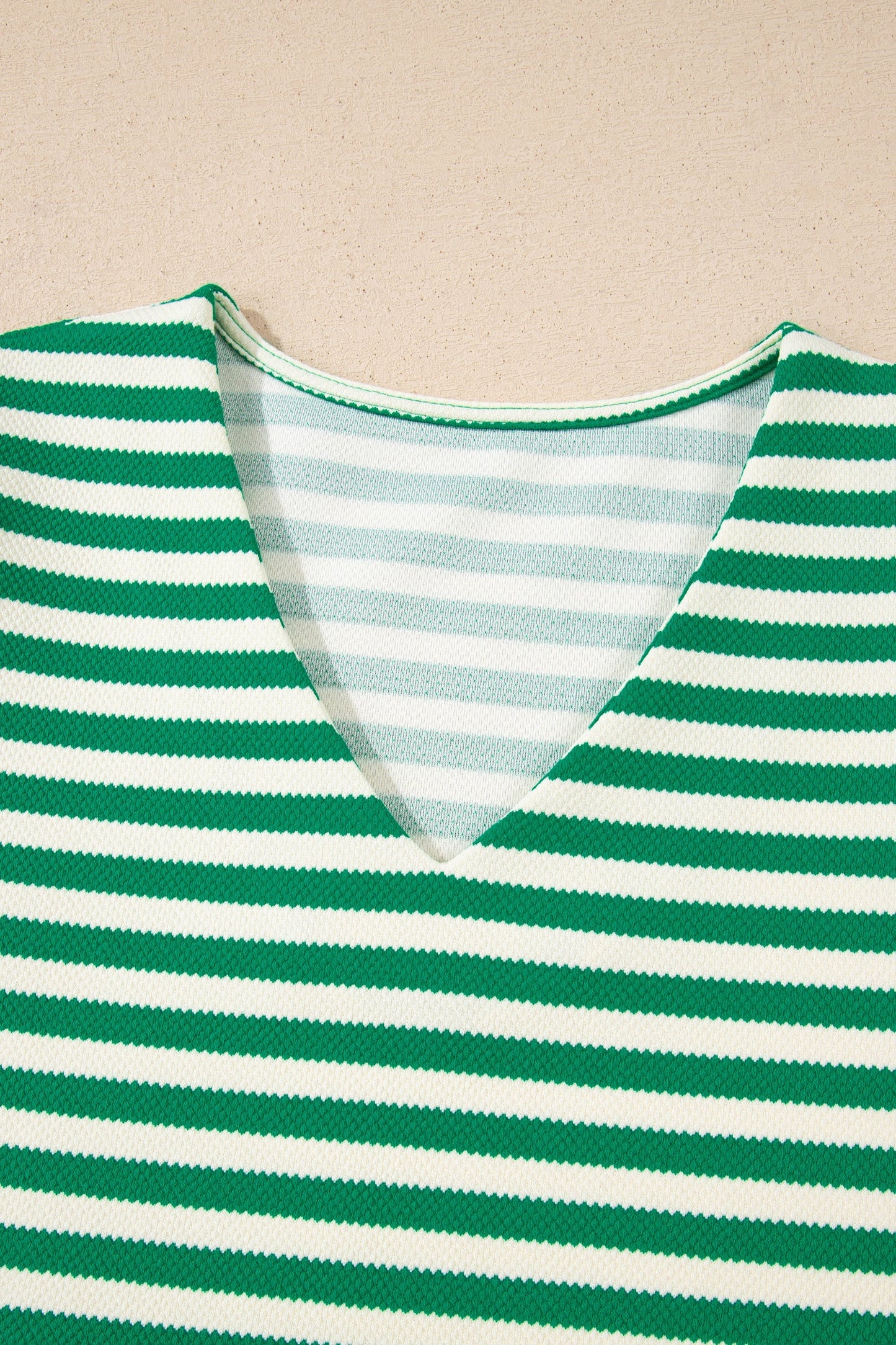 Stripe Patchwork Puff Short Sleeve V-Neck Blouse
