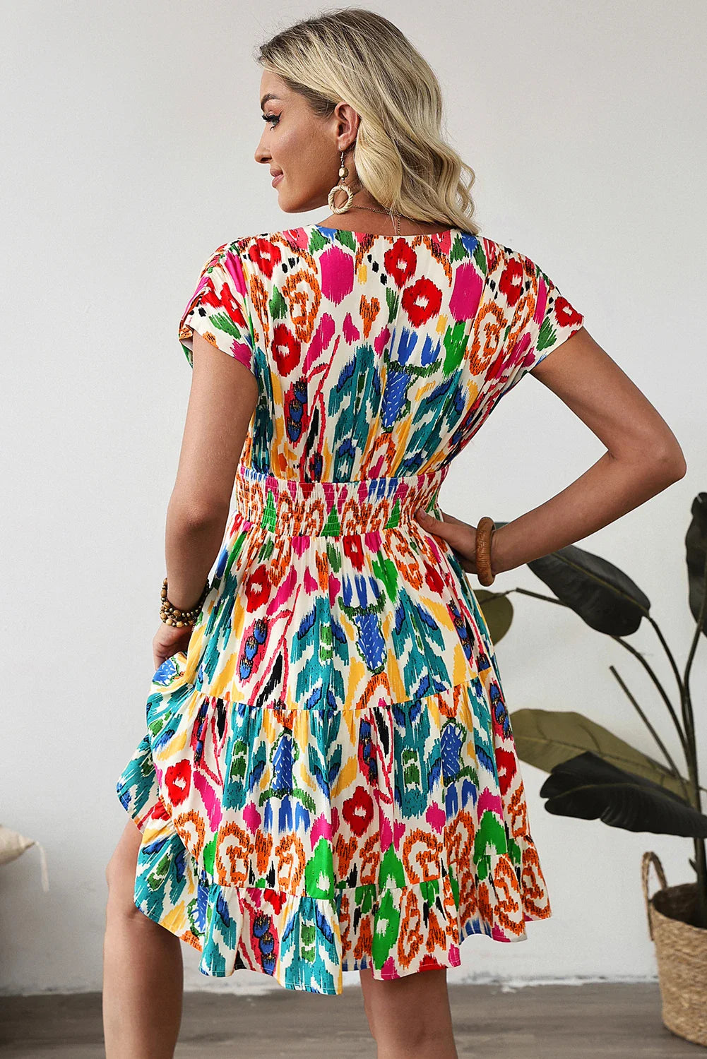 Abstract V-Neck Dolman Sleeve Ruffle Tiered Mini Dress
