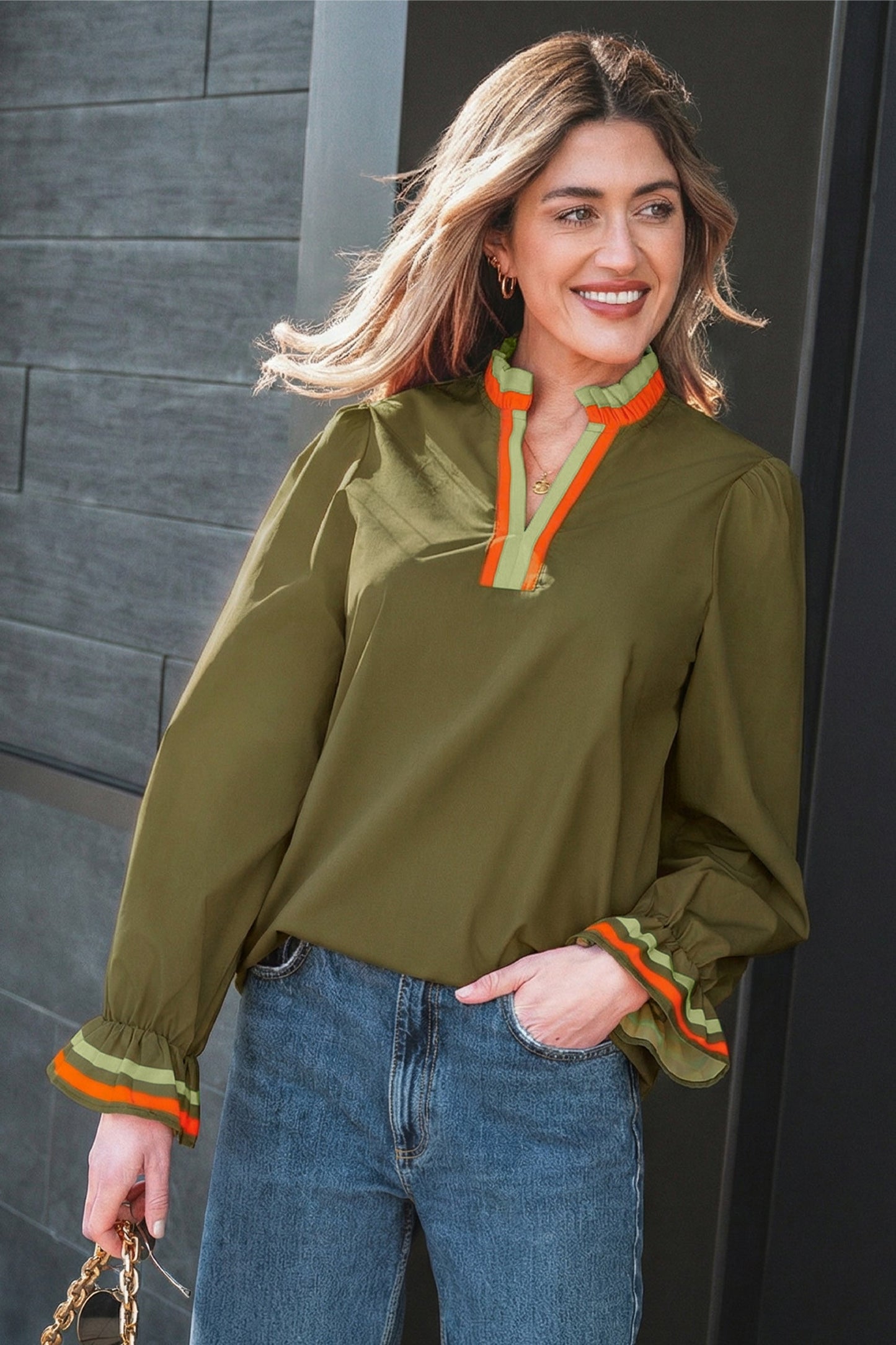Stripe Trim Ruffle Split Neck Long Sleeve Blouse