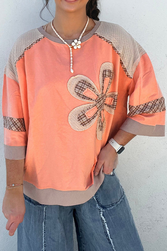 Plaid Flower Waffle Knit Patchwork 3/4 Sleeve Top