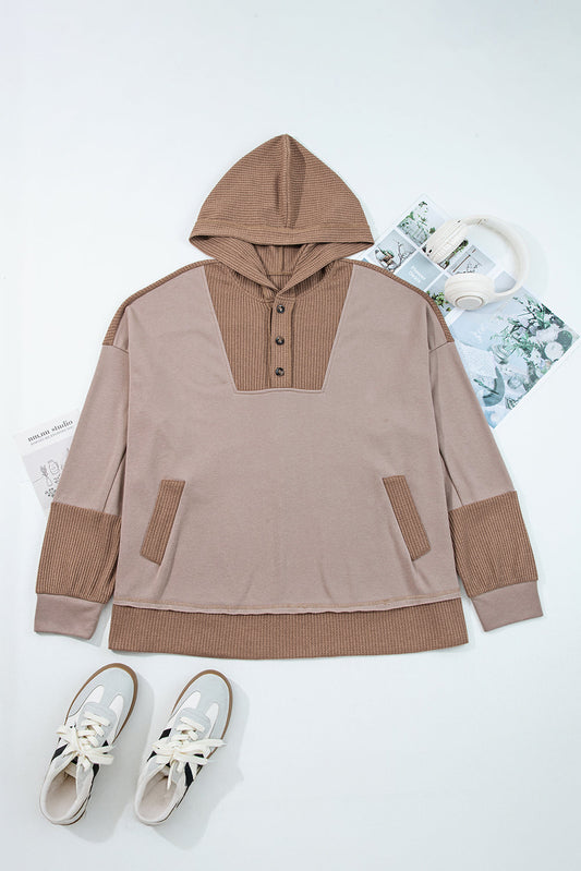 Plus Size Colorblock Waffle Knit Patchwork Pocketed Hoodie