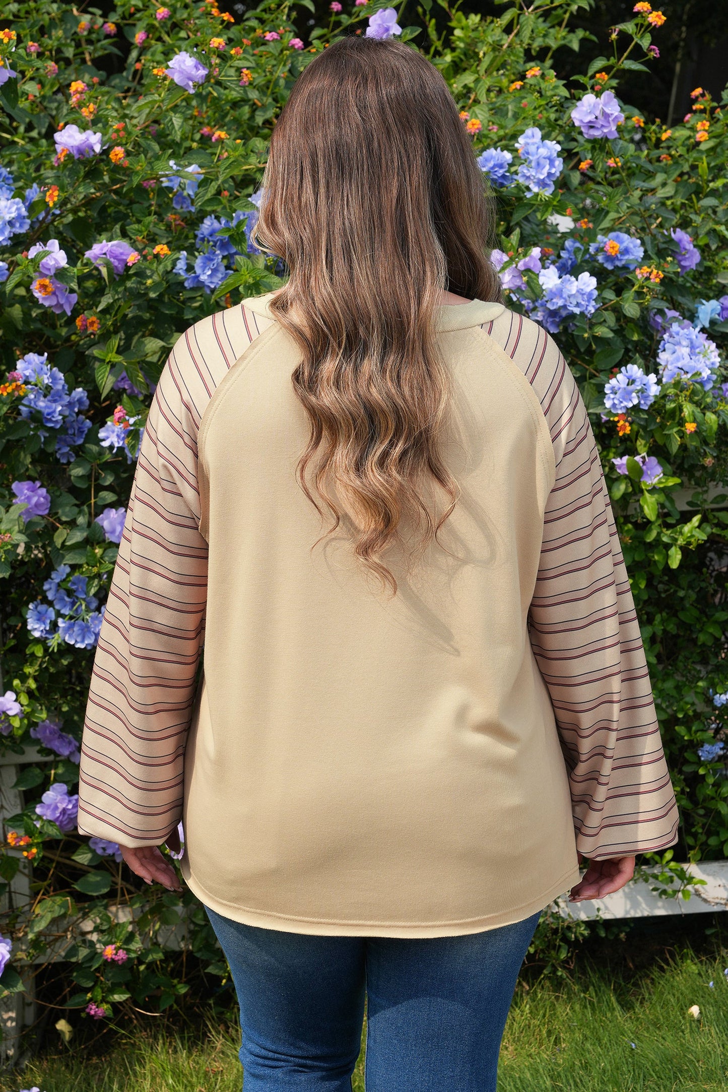 Plus Size Raglan Sleeve Stripe Notch-Neck Jumper