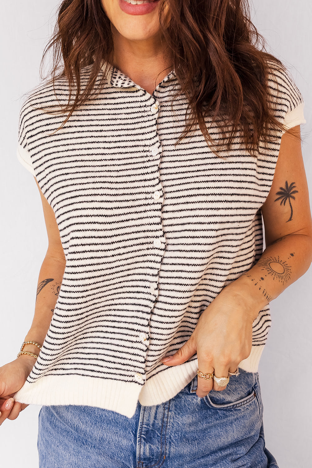 Stripe Contrast Trim Cap Sleeve Button-Up Cardigan