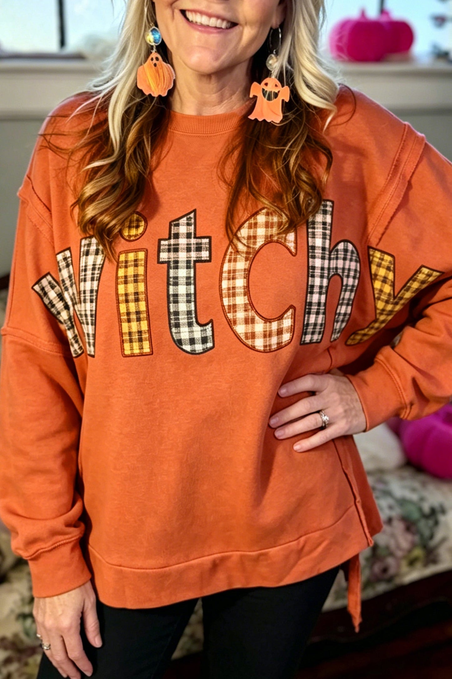 Halloween Witchy Plaid Patchwork Exposed Seam Sweatshirt