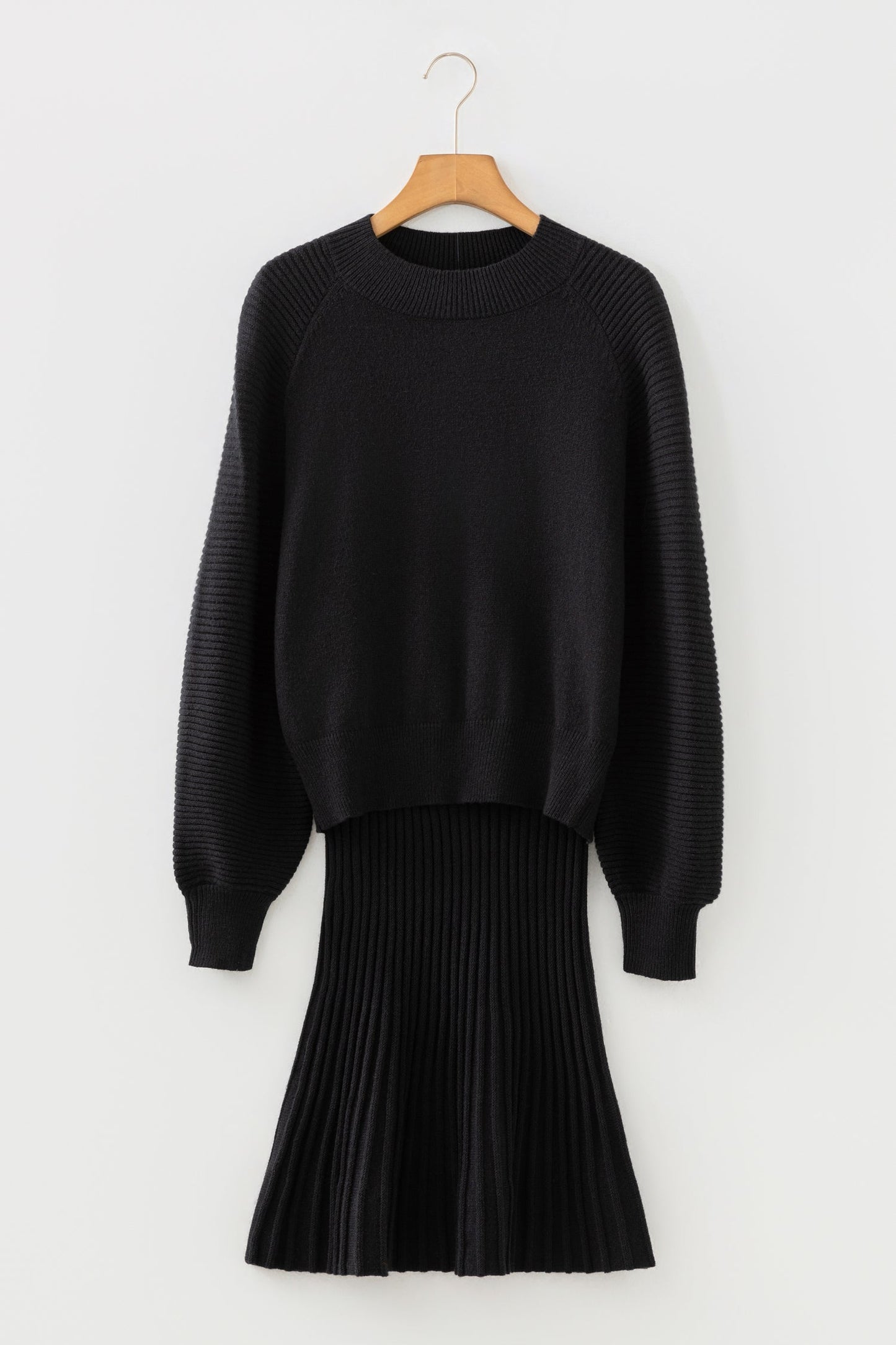 Solid High Neck Sweater and Pleated Mini Skirt Set