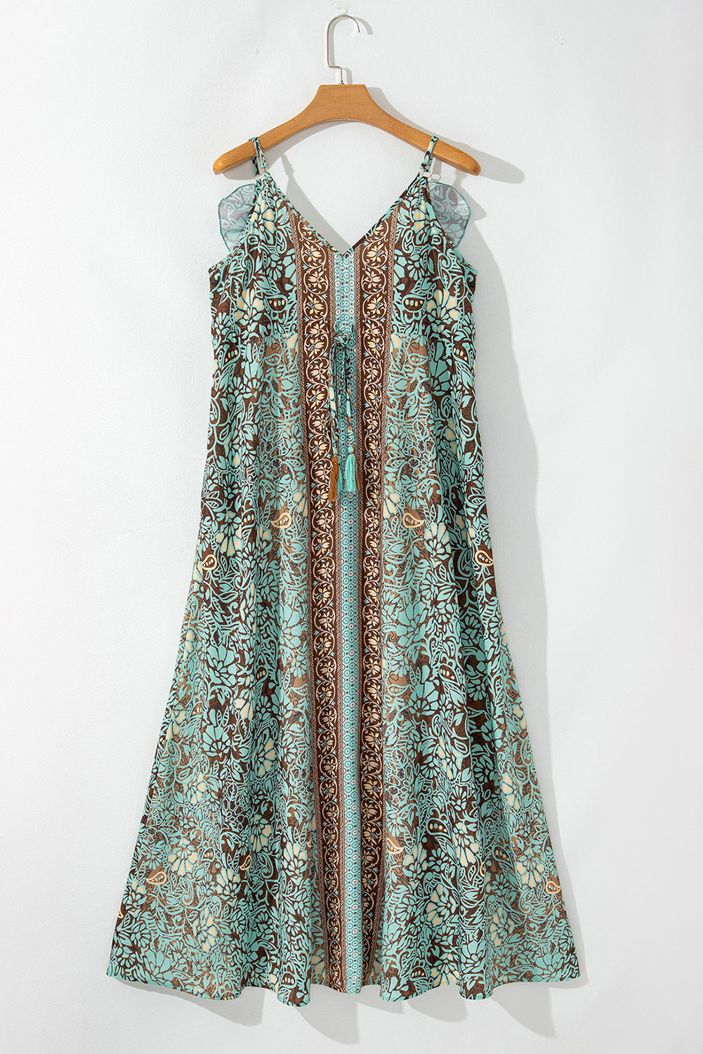 Floral V-Neck Ruffle Trim Backless Tassel Waist Dress