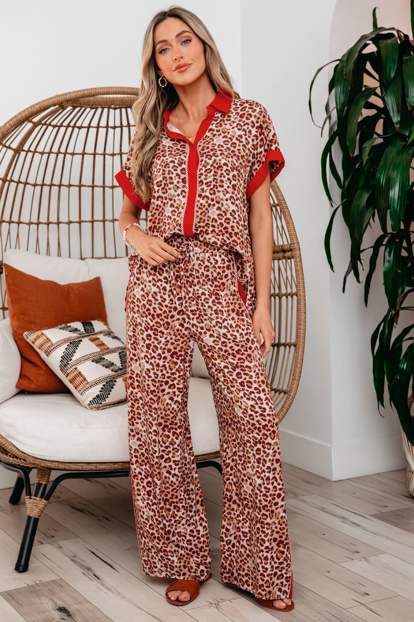 Leopard Contrast Trim Top and Pant Set