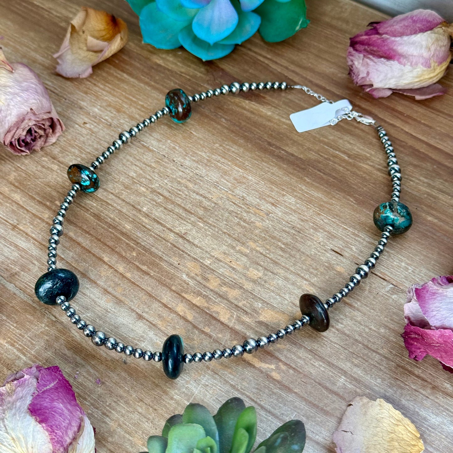 17.5” Turquoise Rondelle Necklace – Sterling Silver Pearls