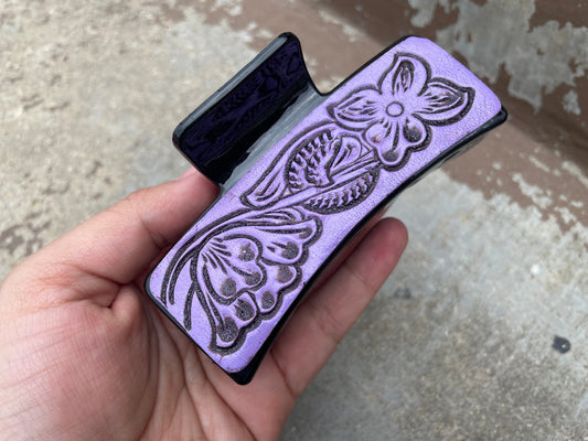 Purple Floral Tooled Leather  Hair Claw Clips 4”