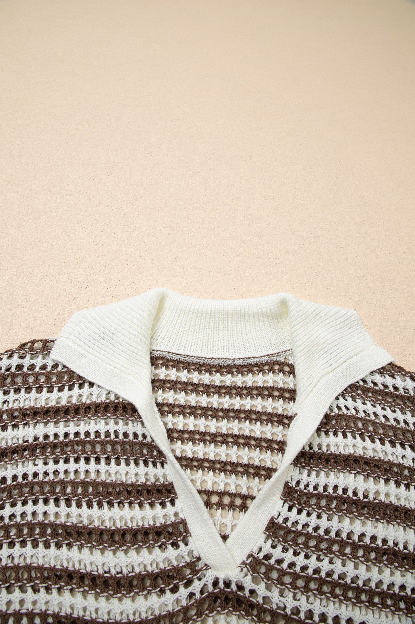 Stripe Eyelet Contrast Collared V-Neck Sweater