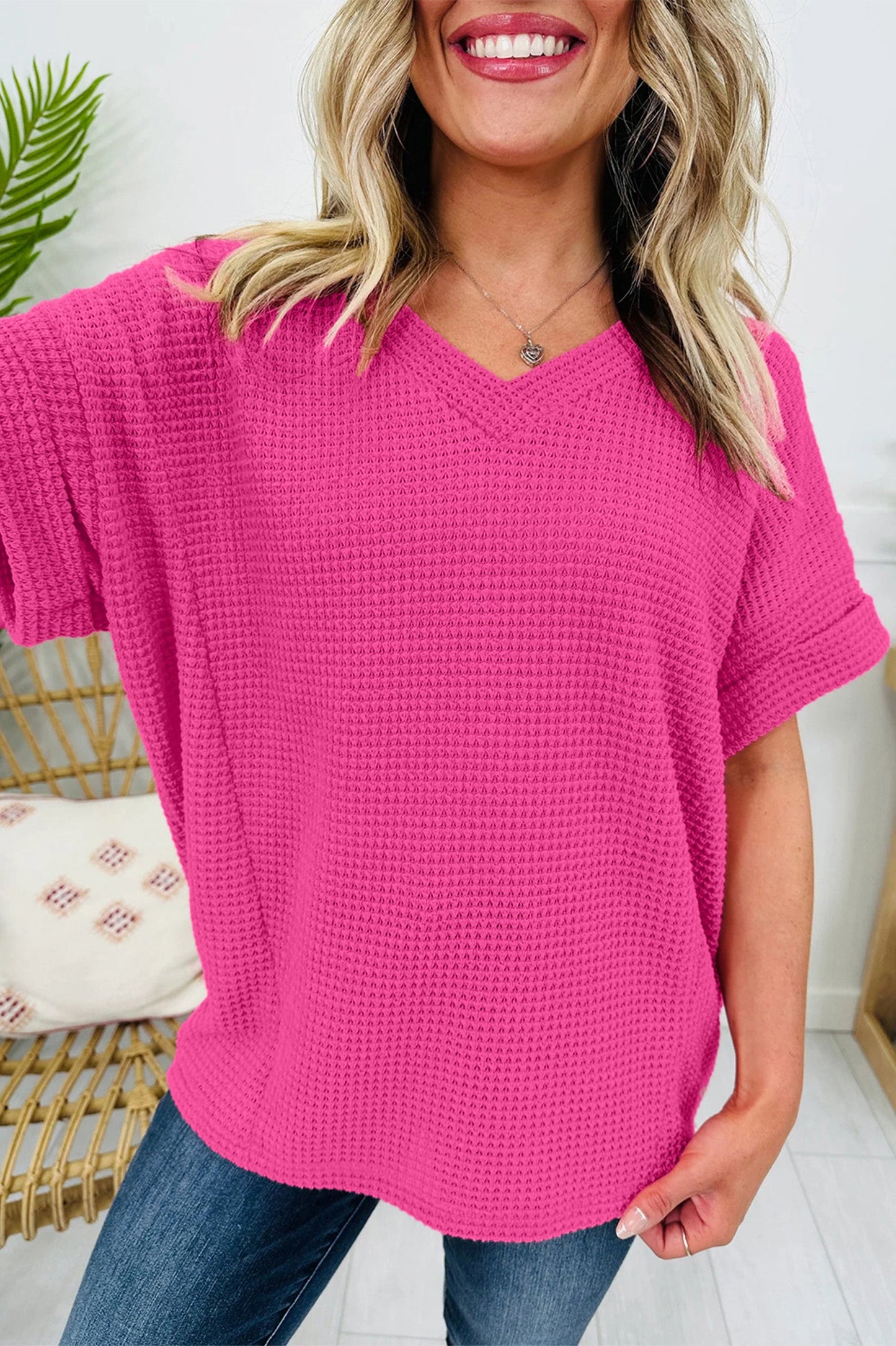 Solid Waffle Knit V-Neck Short Sleeve Top