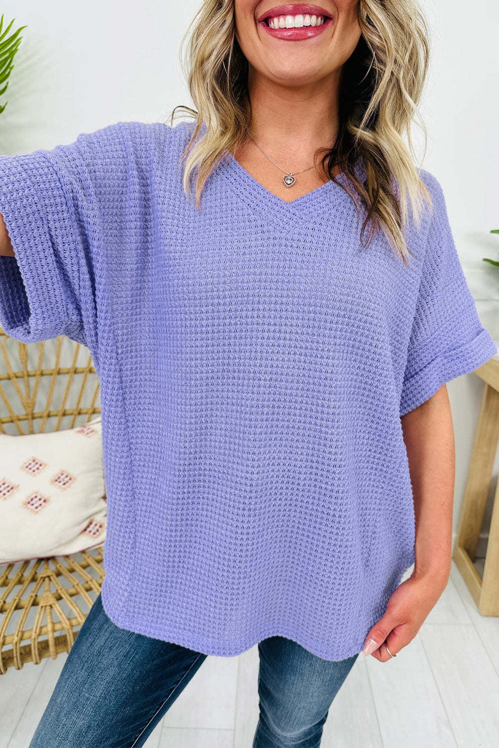 Solid Waffle Knit V-Neck Short Sleeve Top