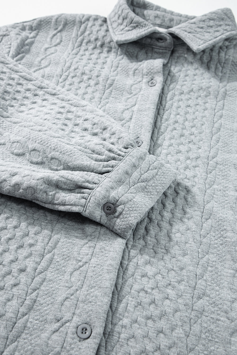 Solid Cable Knit Textured Puff Sleeve Shacket