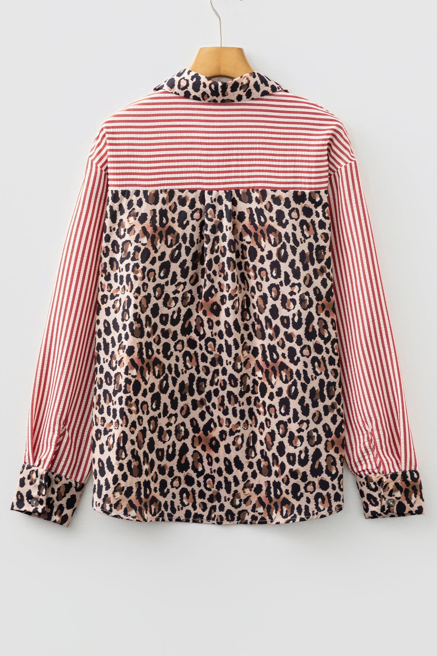 Stripe Leopard Patchwork Button-Up Womens Shirt