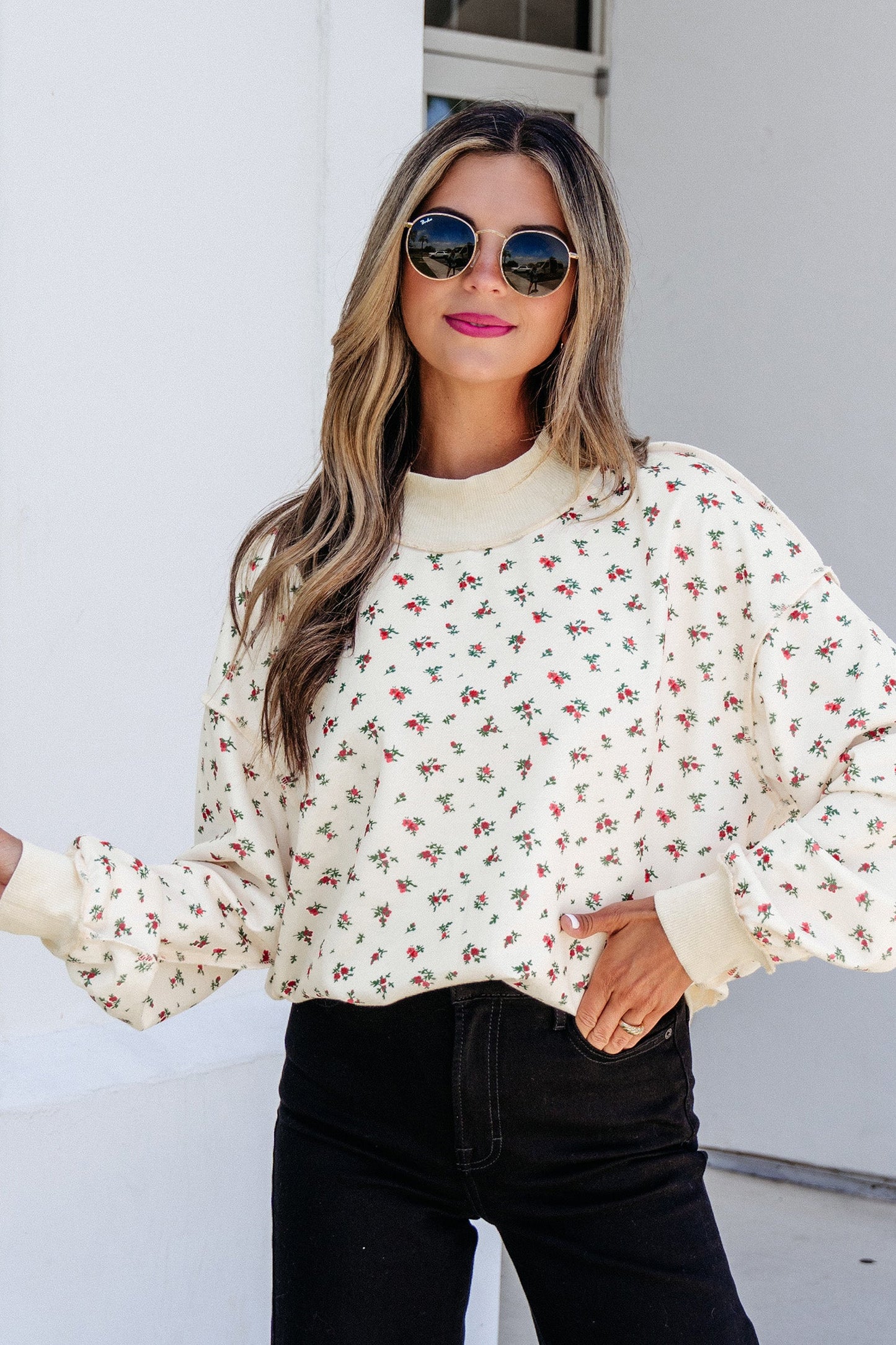 Floral Ribbed High Neck Exposed Hem Baggy Sweatshirt