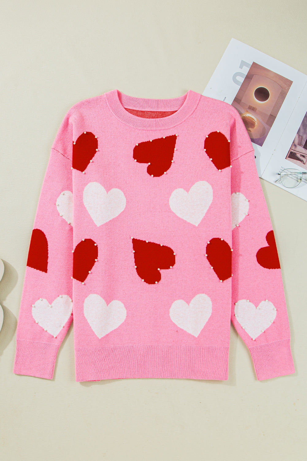 Valentines Heart Pearl Embellished Sweater