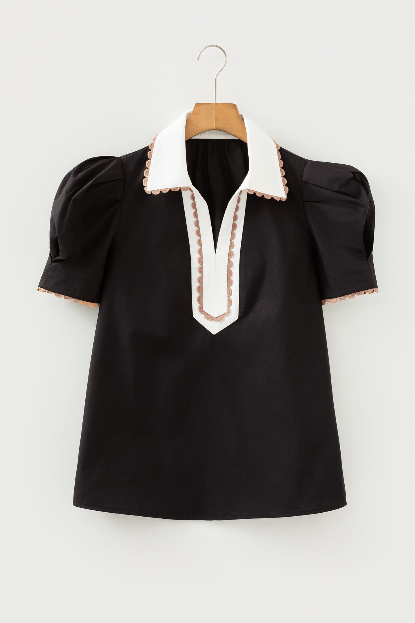 Colorblock Ricrac Trim Collared Short Sleeve Blouse