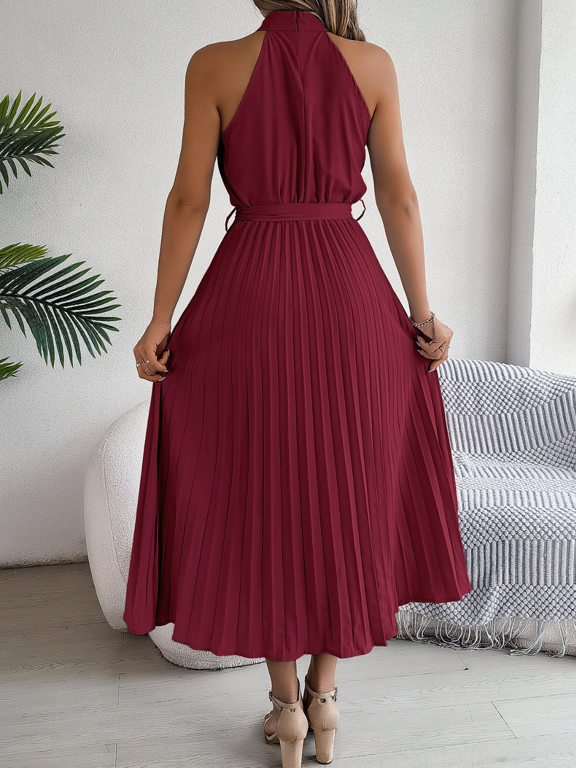 Pleated Tie Waist Sleeveless Midi Dress