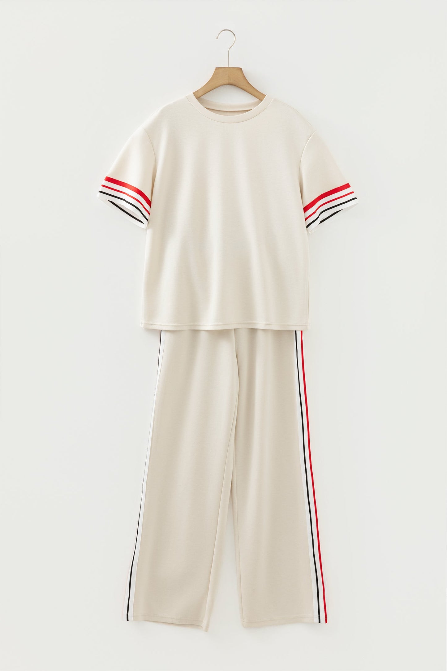 Contrast Stripe Trim Crewneck Top & Straight Pants Set