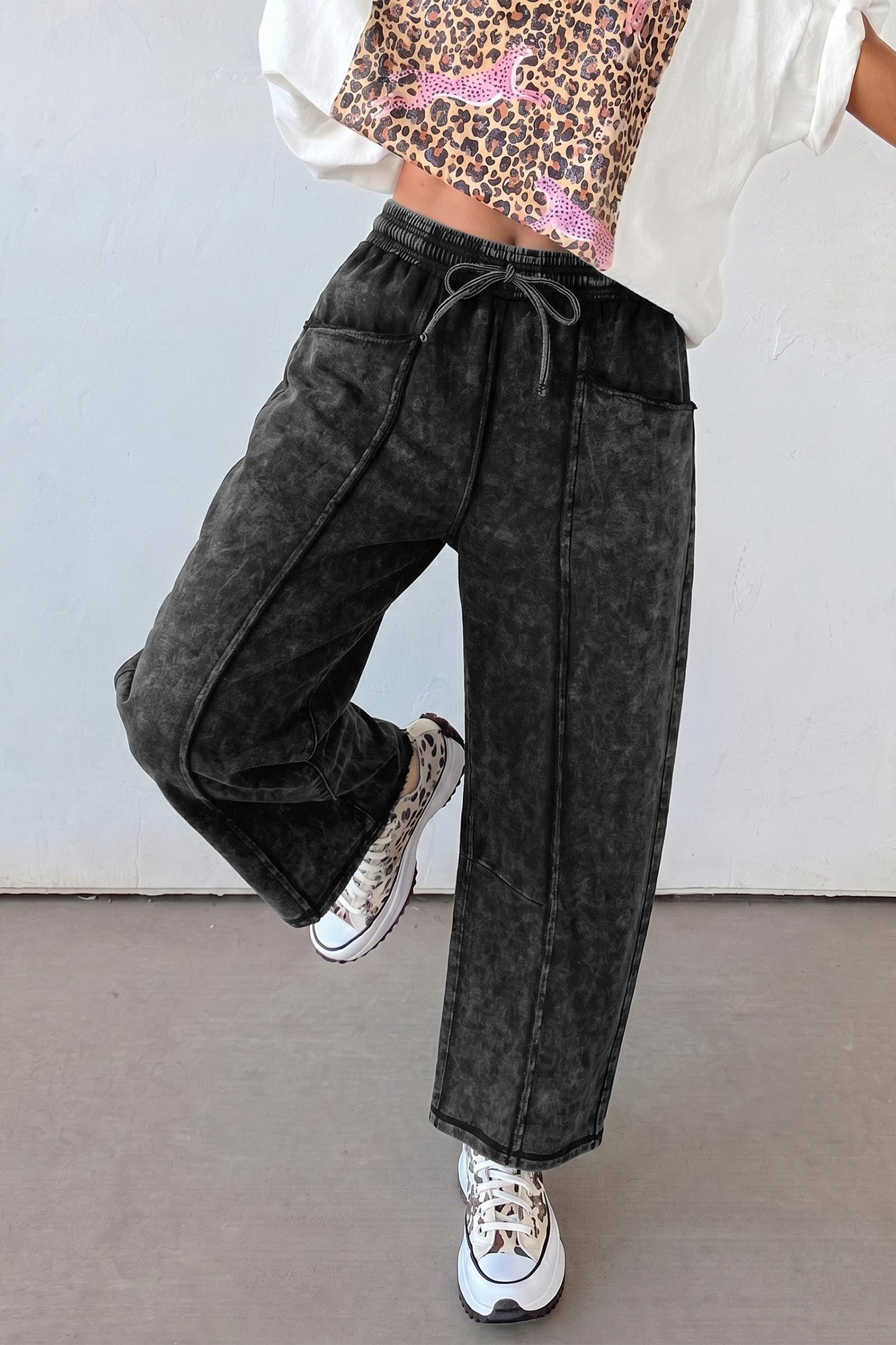 Mineral Wash Raw Seam Drawstring Waist Barrel Pants