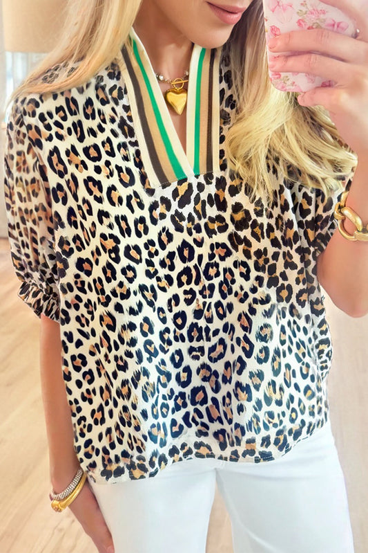 Leopard Colorblock Contrast V-Neck Loose Blouse