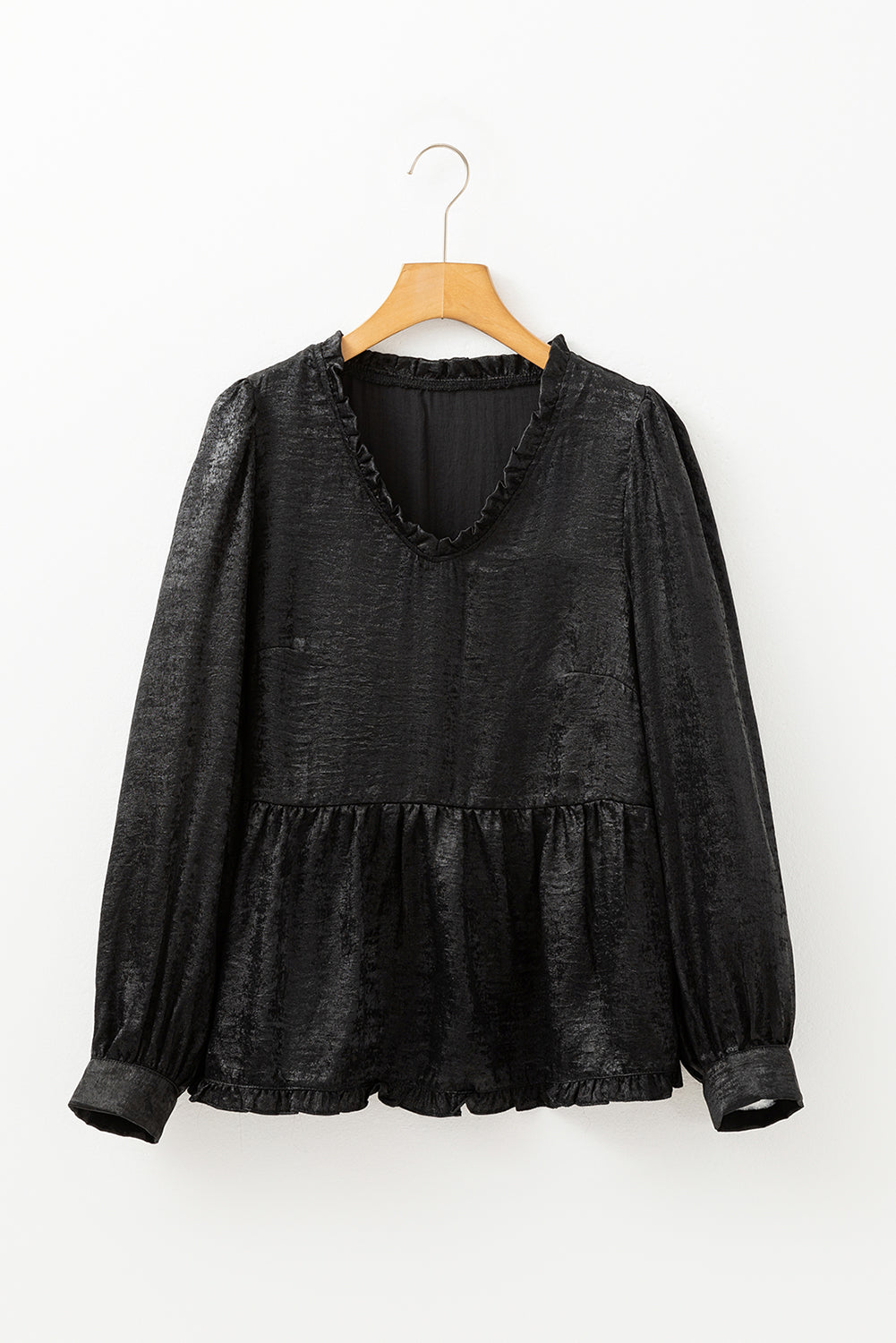 Solid Metallic V-Neck Puff Sleeve Babydoll Blouse