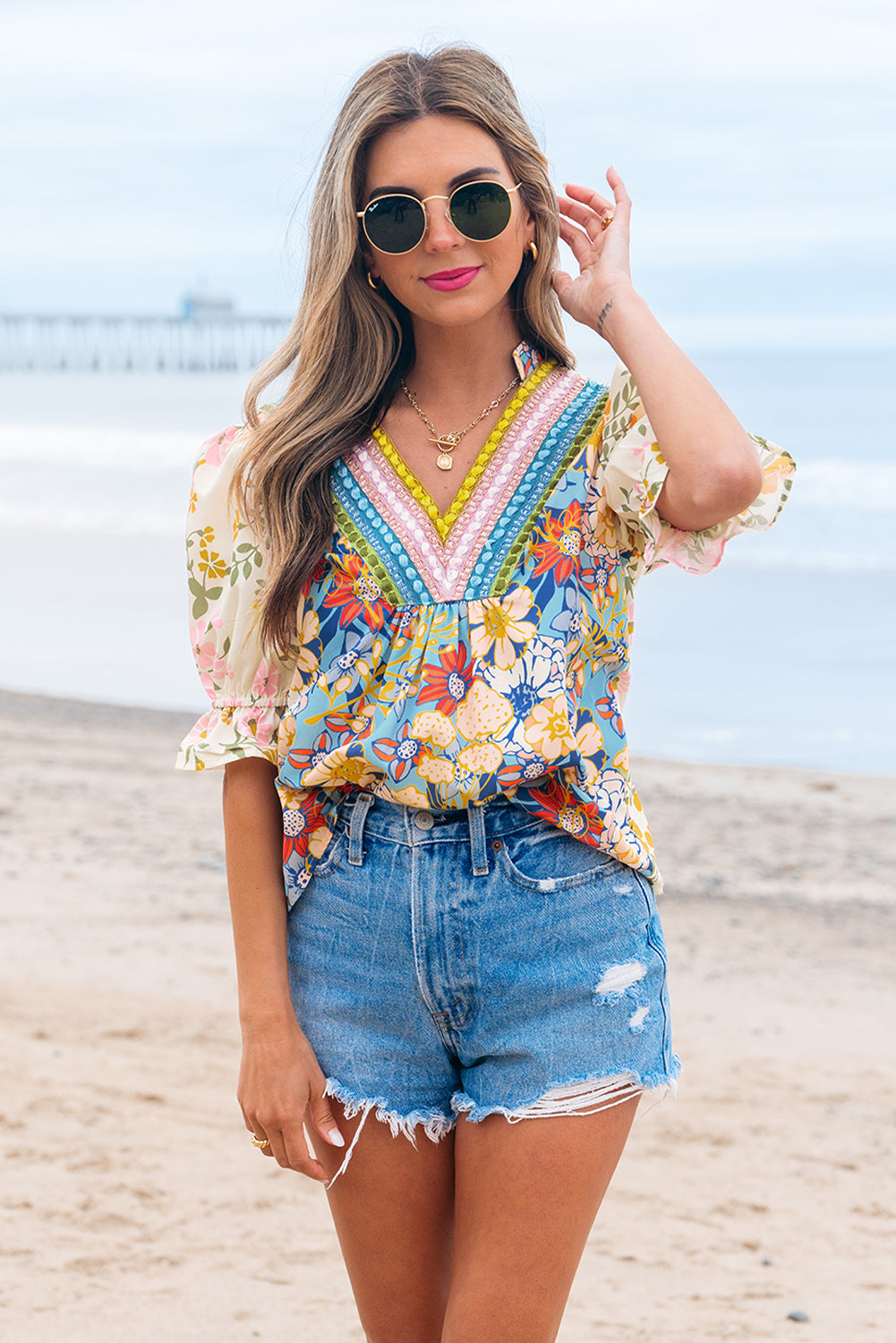 Floral Boho Crochet V-Neck Half Sleeve Blouse
