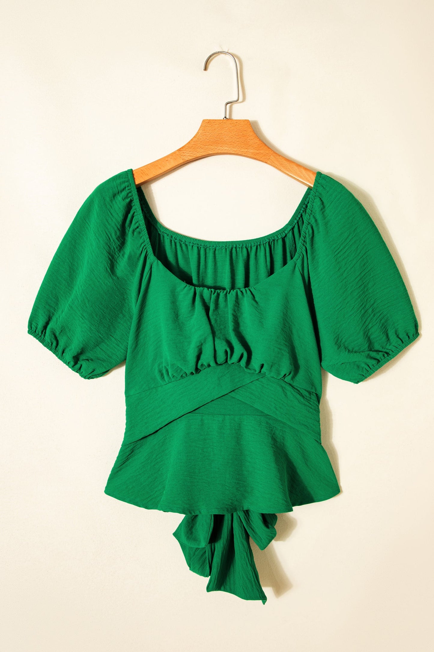 Solid Ruched Cross Waist Tied Back Peplum Top