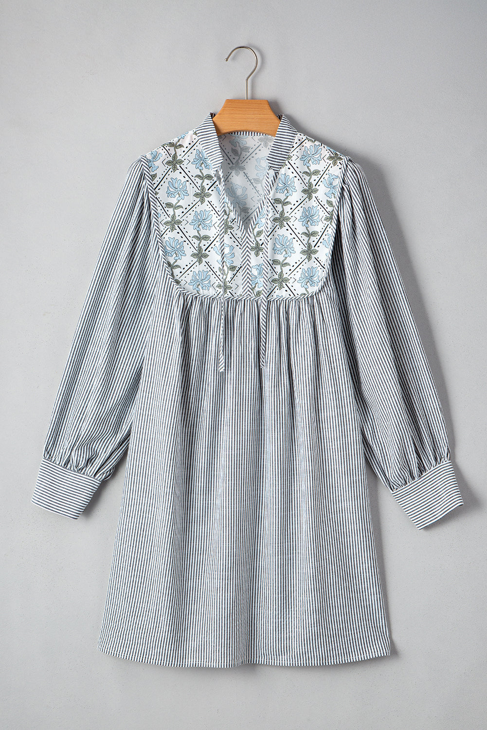 Stripe Floral Patchwork Tied V-Neck Mini Dress