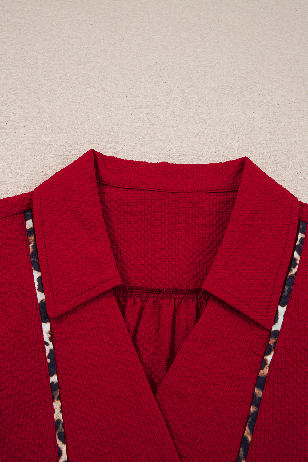 Leopard Contrast Trim V-Neck Textured Blouse