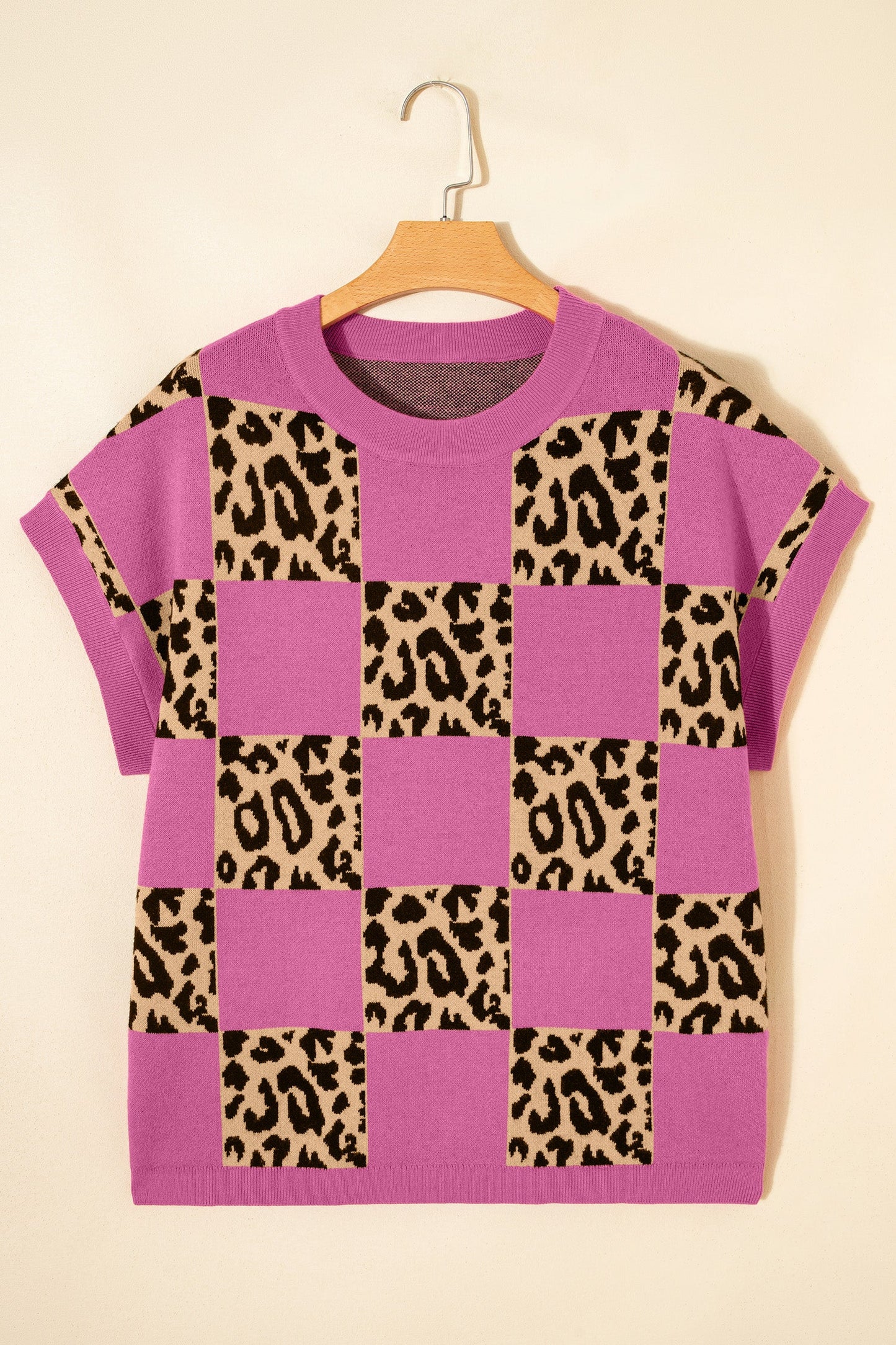 Leopard Checker Short Sleeve Knit Sweater