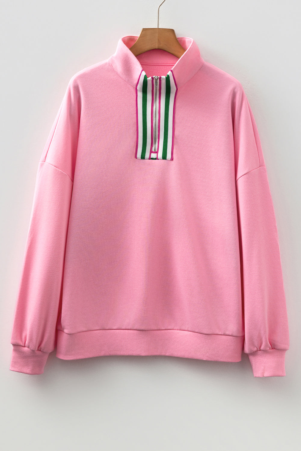 Solid Contrast Stripe Patchwork Collared Sweatshirt