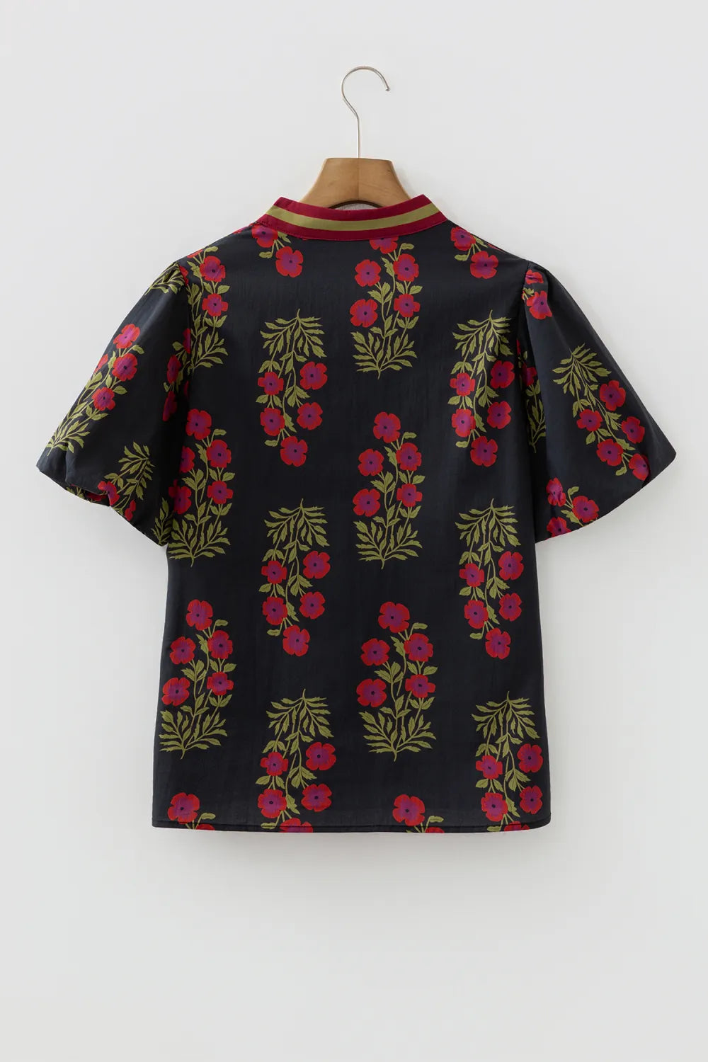 Floral Short Bubble Sleeve Contrast Slit Blouse