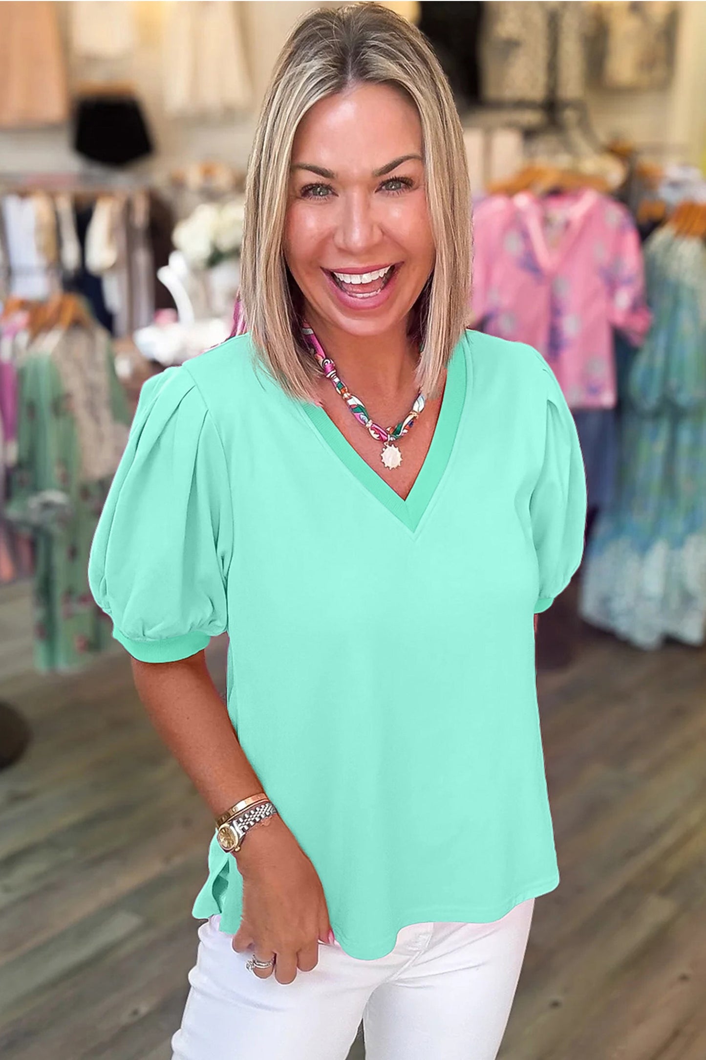 Solid V-Neck Short Puff Sleeve Blouse