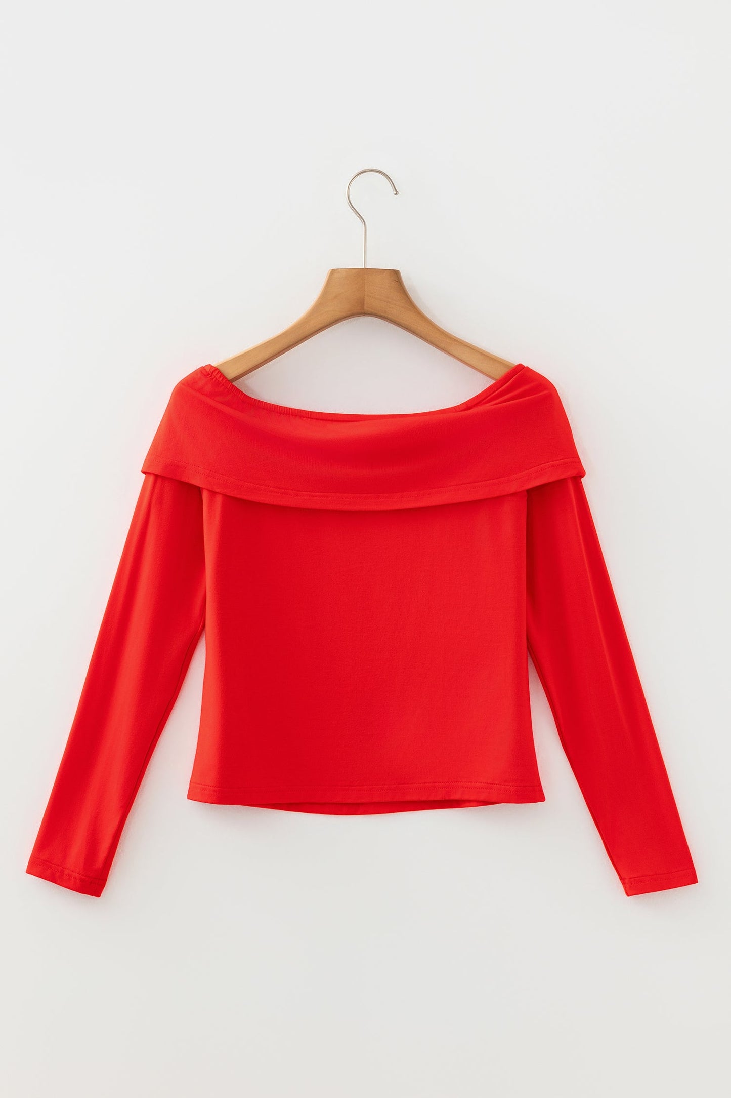 Solid Fold-Over Off-Shoulder Long Sleeve Top