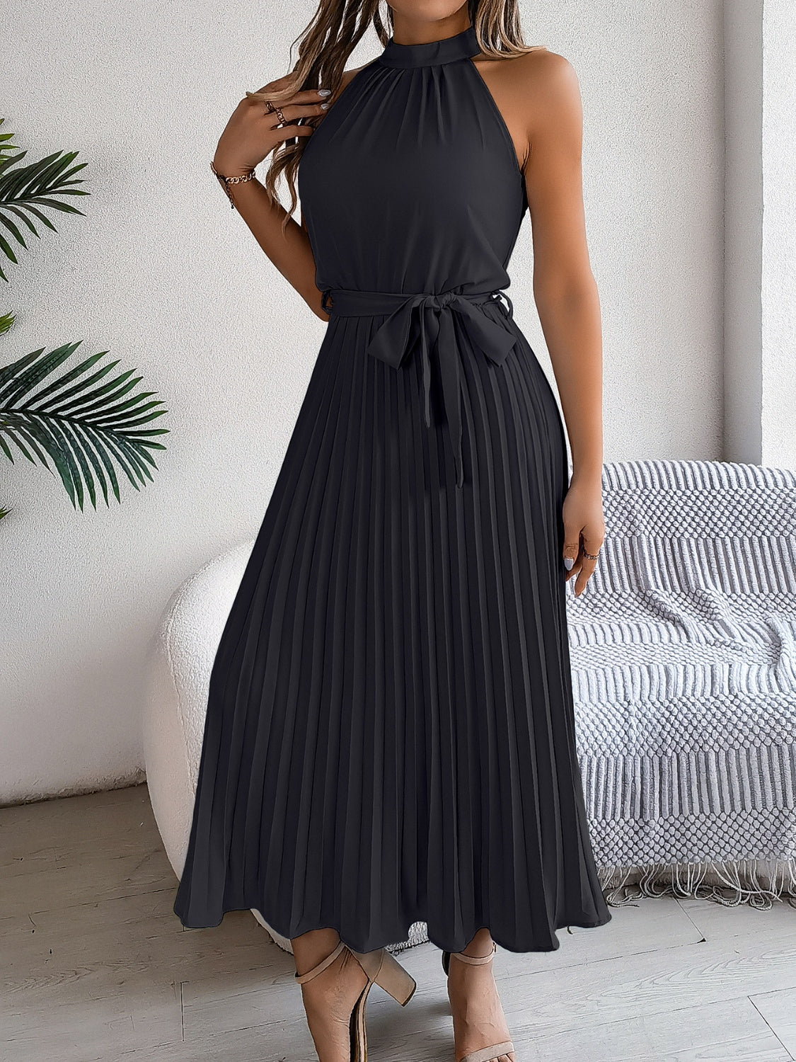 Pleated Tie Waist Sleeveless Midi Dress