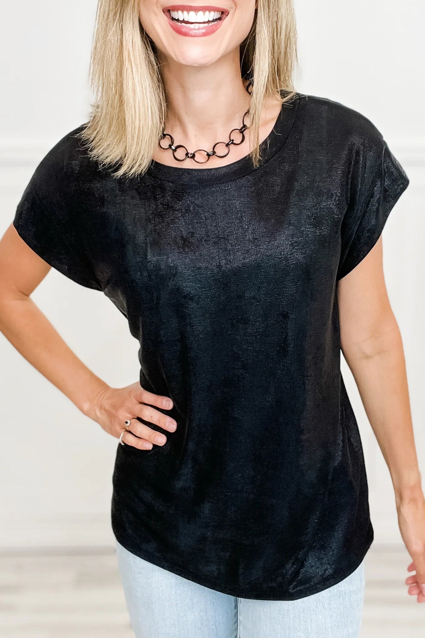 Metallic Round Neck Cap Sleeve Tee