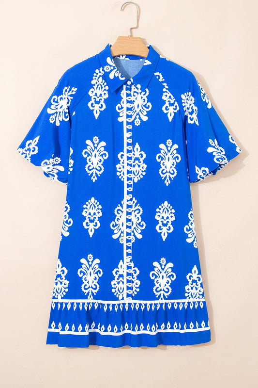 Boho Geometric Collared Button Front Mini Dress