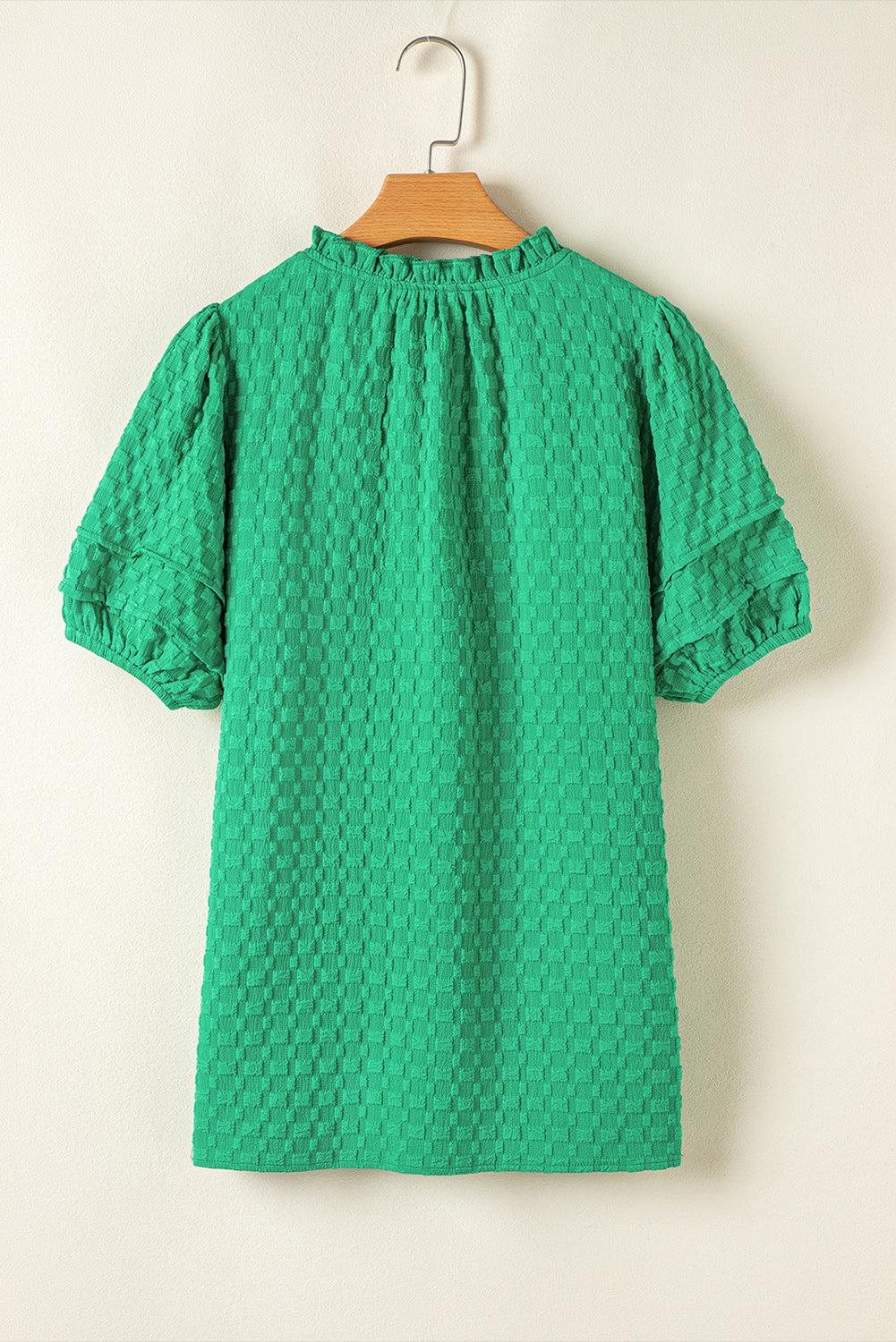 Textured Puff Short Sleeve Notch V-Neck Top