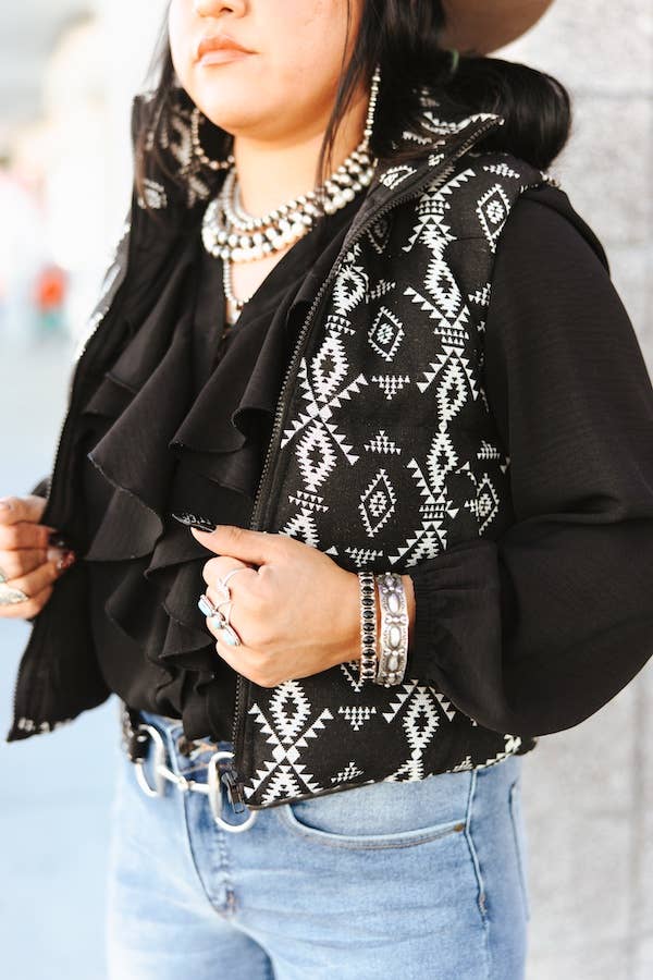 Plus Size Black Aztec Woven Zip-Up Sleeveless Puffer Vest