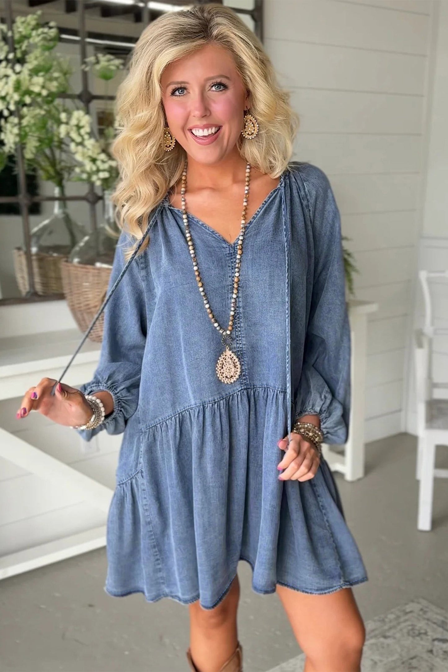 Denim Puff Sleeve Tie V-Neck Ruffle Dress