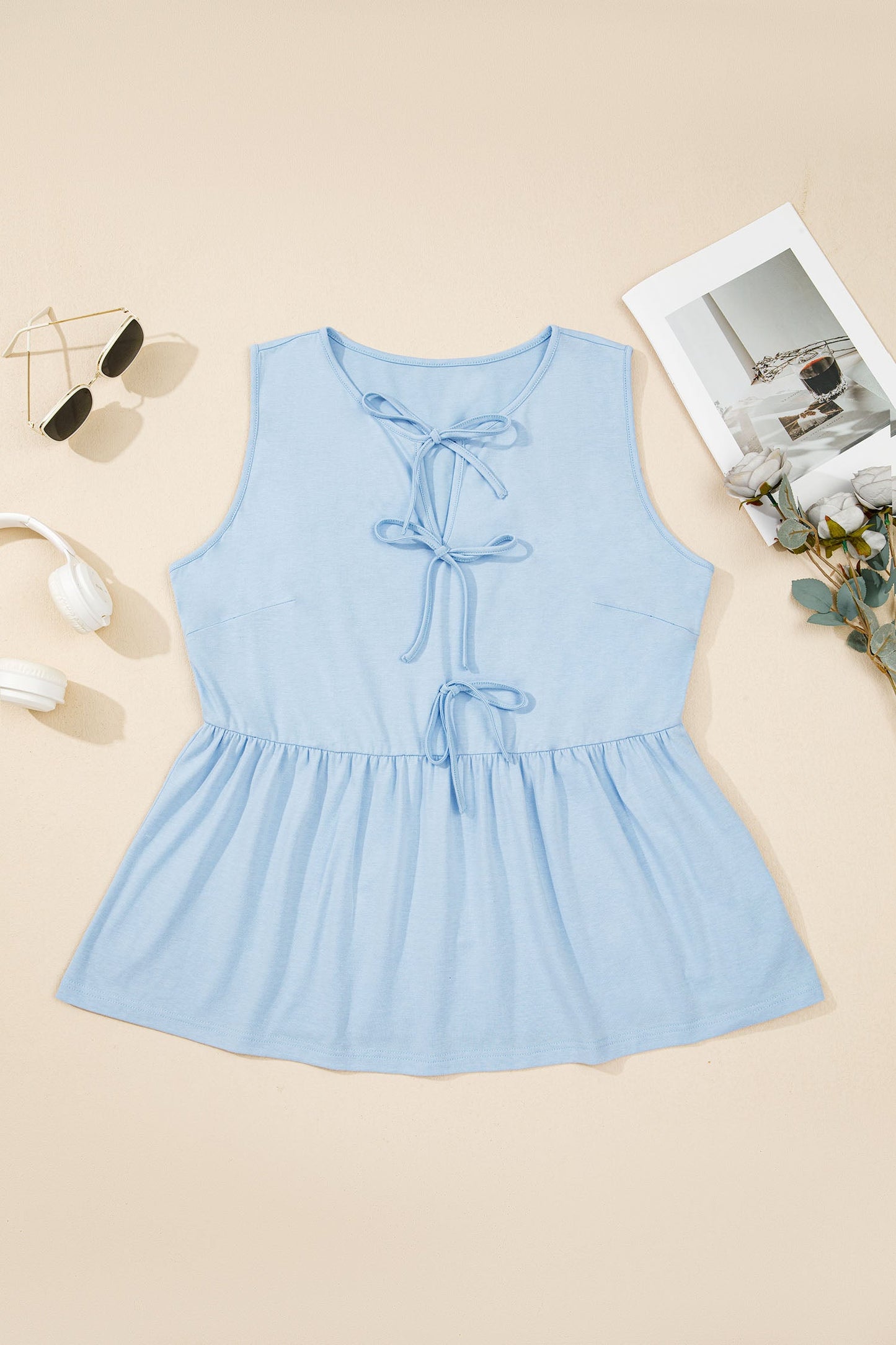Plus Size Solid Bow-Tie Peplum Tank Top