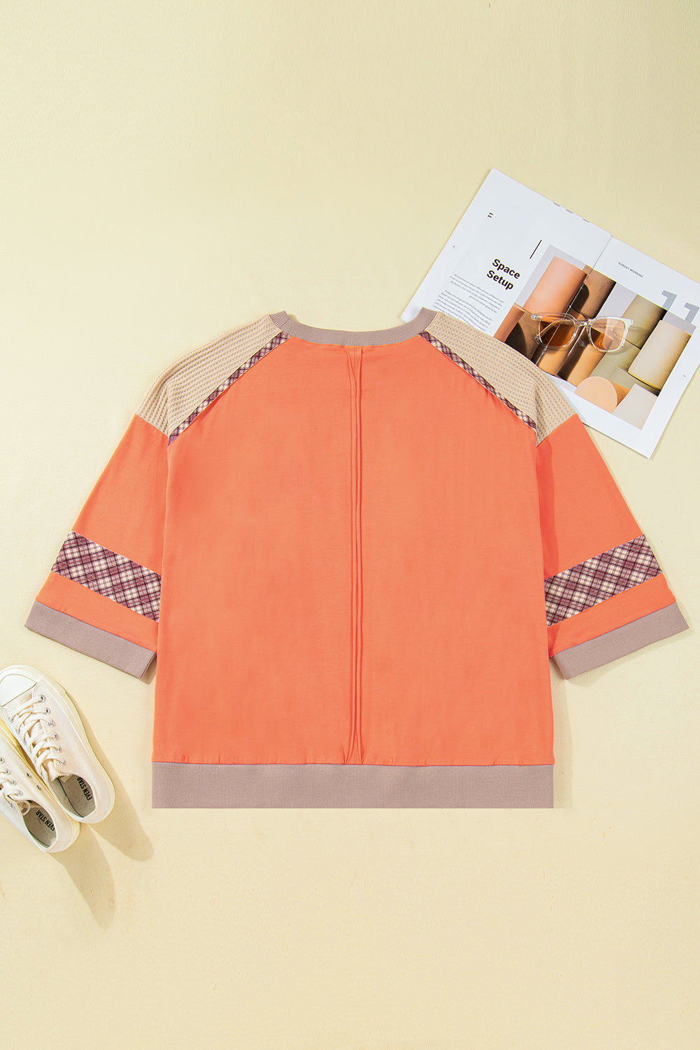 Plus Size Plaid Flower Patchwork 3/4 Sleeve Top