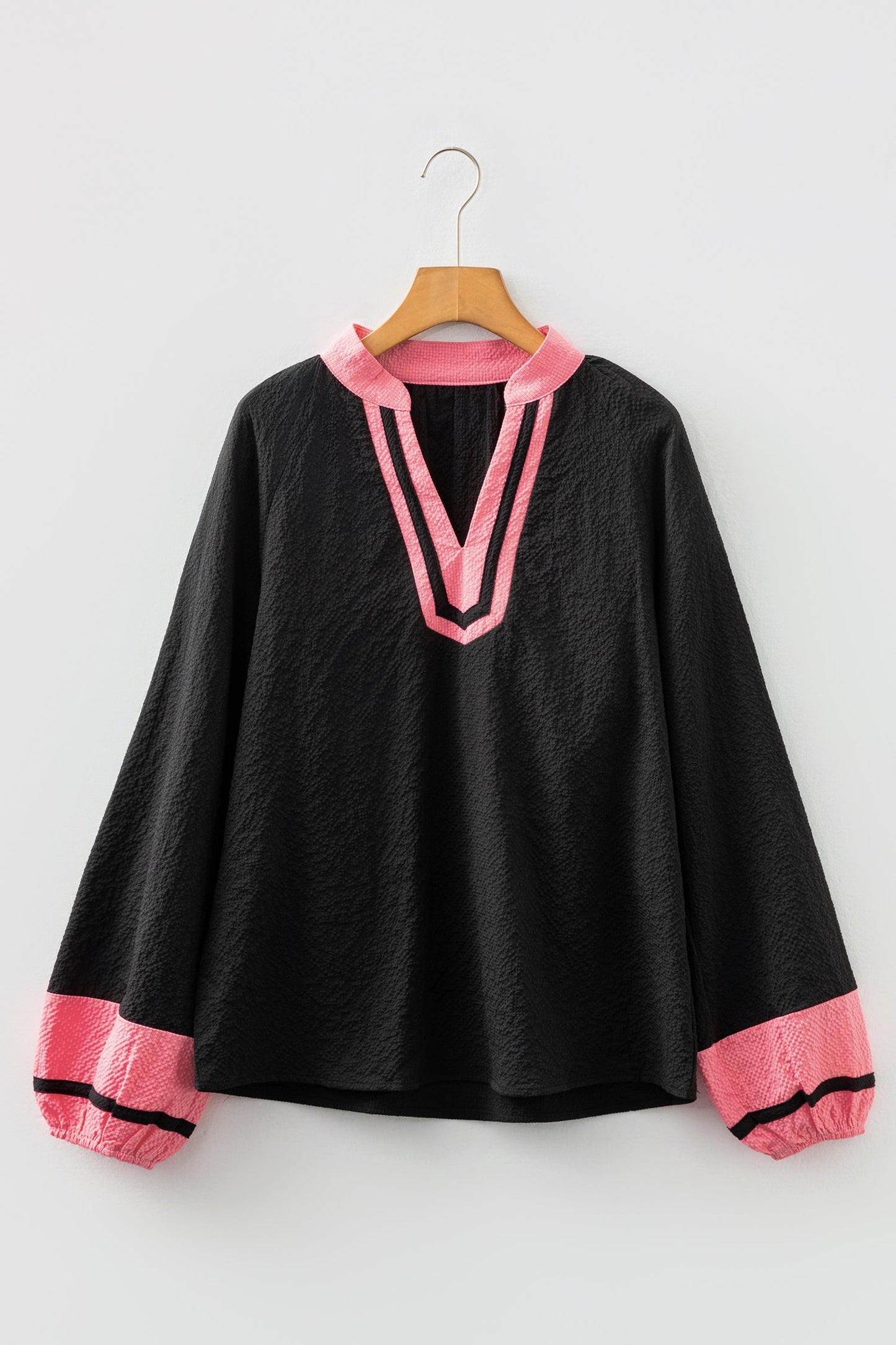 Colorblock Patchwork Detail V-Neck Textured Blouse