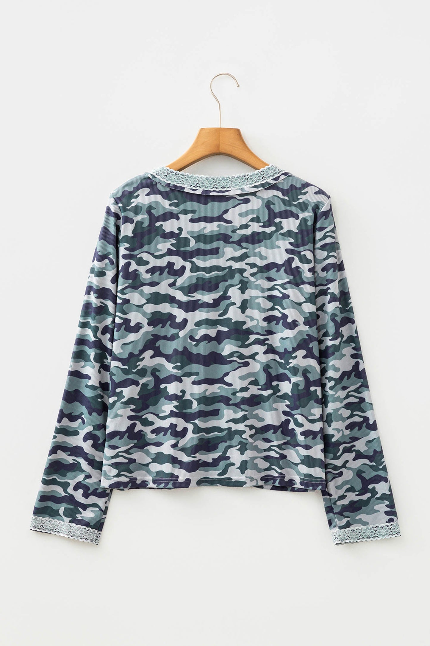 Camo Lace Patchwork Buttoned Long Sleeve Top