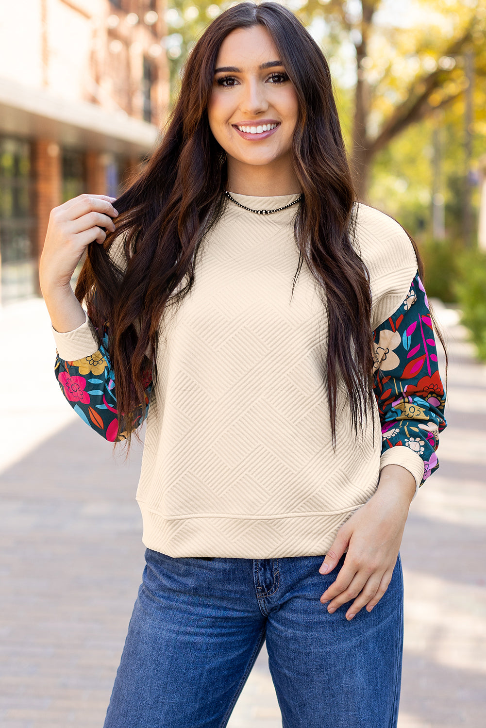 Floral Sleeve Textured Knit Drop Shoulder Top