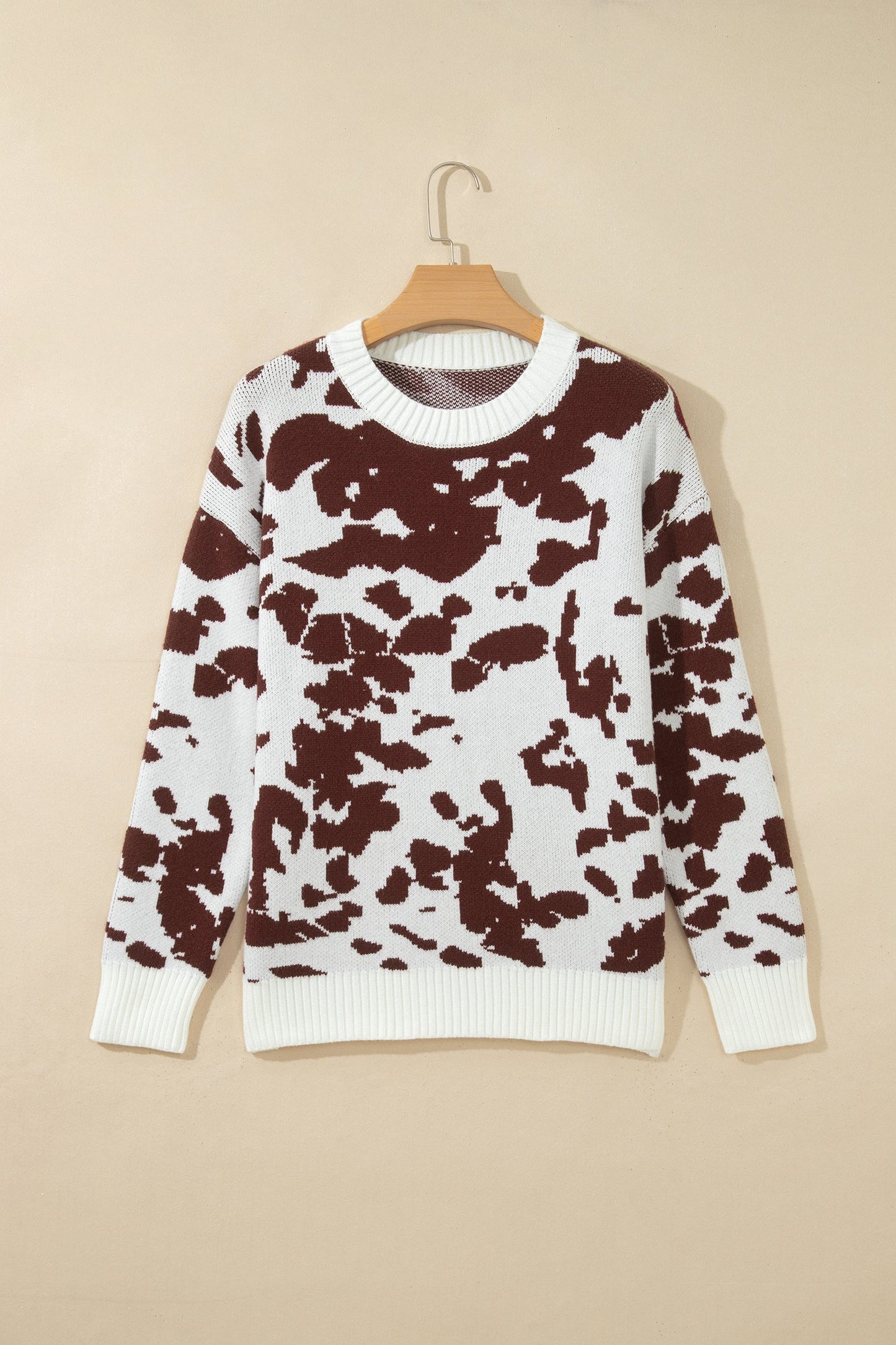 Western Cow Print Ribbed Round Neck Sweater